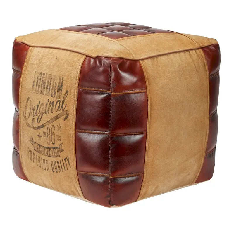 Pouf en toile avec poignées en cuir - Gris, marron, blanc, crème ou beige