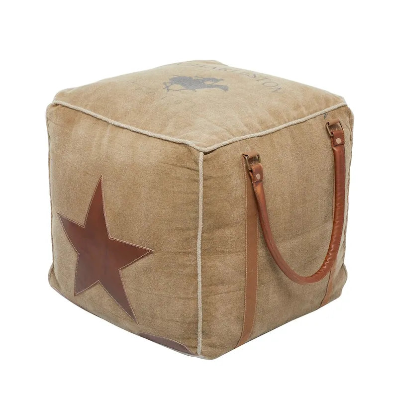 Pouf en toile avec poignées en cuir - Gris, marron, blanc, crème ou beige