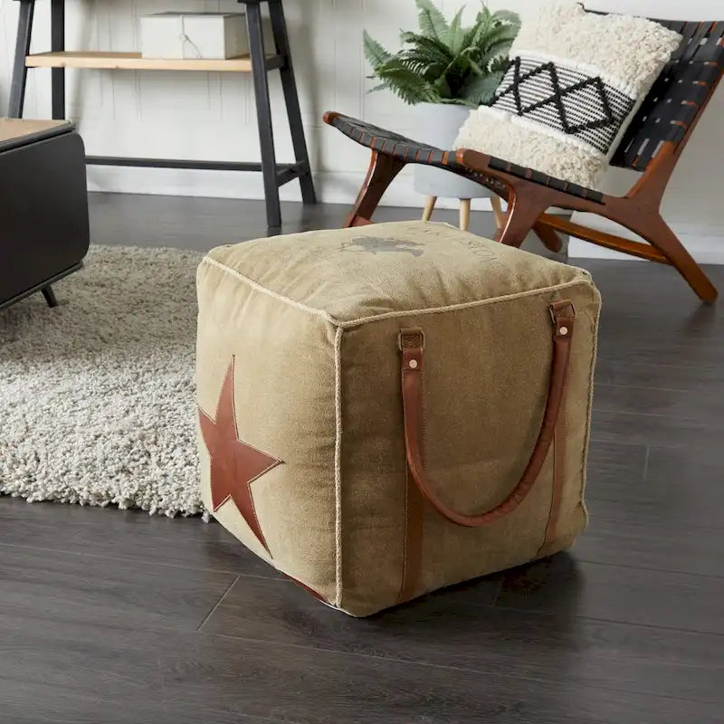 Pouf en toile avec poignées en cuir - Gris, marron, blanc, crème ou beige
