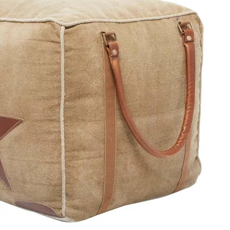 Pouf en toile avec poignées en cuir - Gris, marron, blanc, crème ou beige
