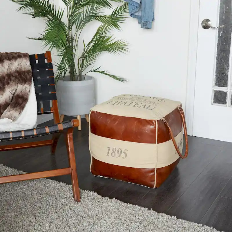 Pouf en toile avec poignées en cuir - Gris, marron, blanc, crème ou beige