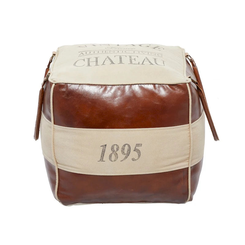 Pouf en toile avec poignées en cuir - Gris, marron, blanc, crème ou beige