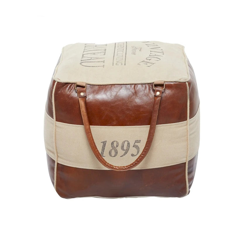 Pouf en toile avec poignées en cuir - Gris, marron, blanc, crème ou beige