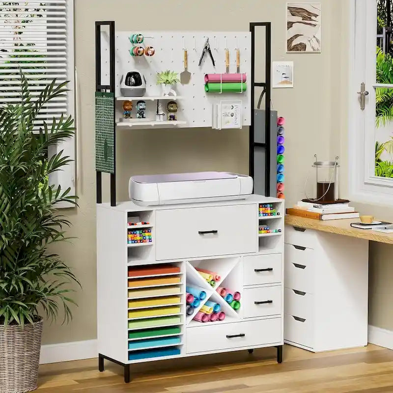 White Craft Organizers and Storage Cabinet Compatible with Cricut Machines