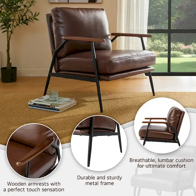Fauteuil d'appoint 28W en similicuir souple de style moderne du milieu du siècle - 28 L x 31 P x 30,75 H